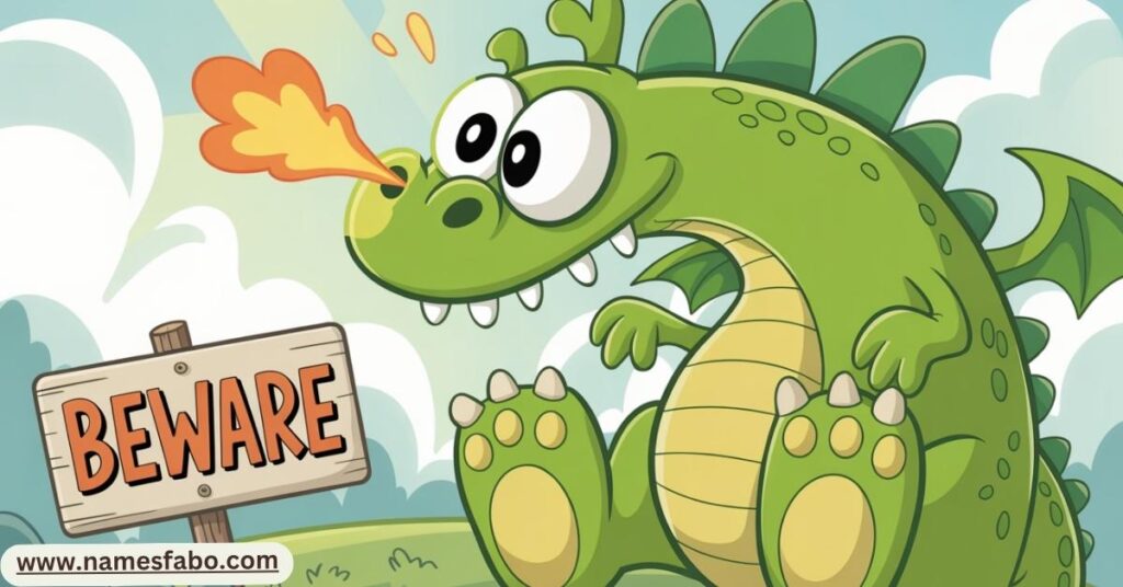 Cartoon dragon sneezing fire, representing funny and playful Dragon Names for family stories
