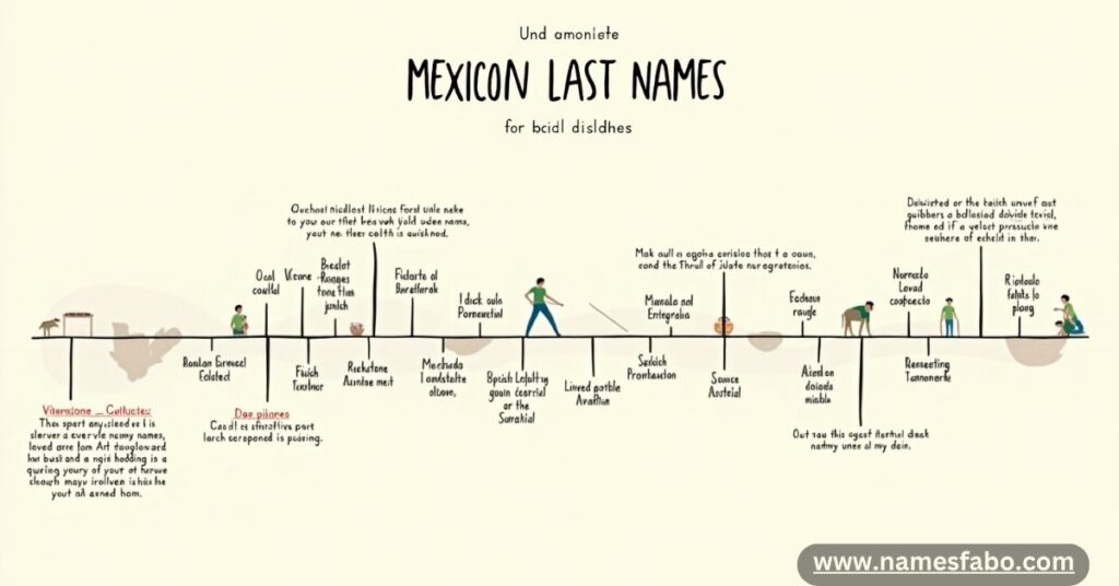 Timeline illustration of the history of Mexican last names from pre-Colonial times to modern Mexico