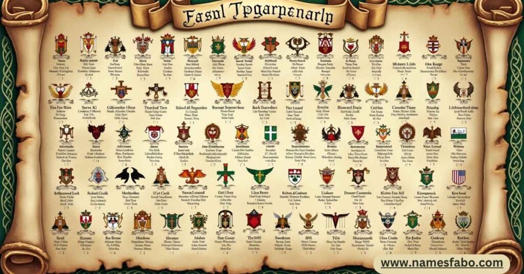 Alphabetical list of Irish last names and their meanings displayed with clan symbols