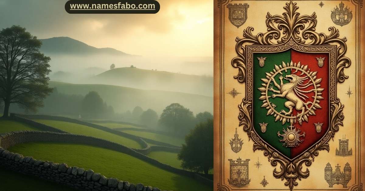 Irish last names with deep cultural meanings showcased through traditional family crest and Irish landscape