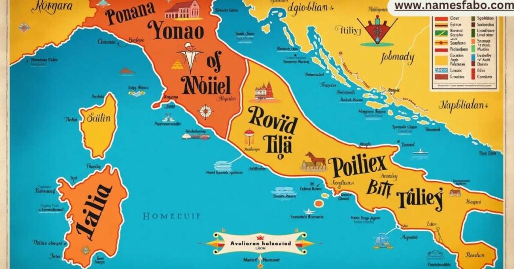 Map of Italy highlighting regions like Tuscany, Sicily, and Lombardy that inspired many Italian last names tied to geography and origin