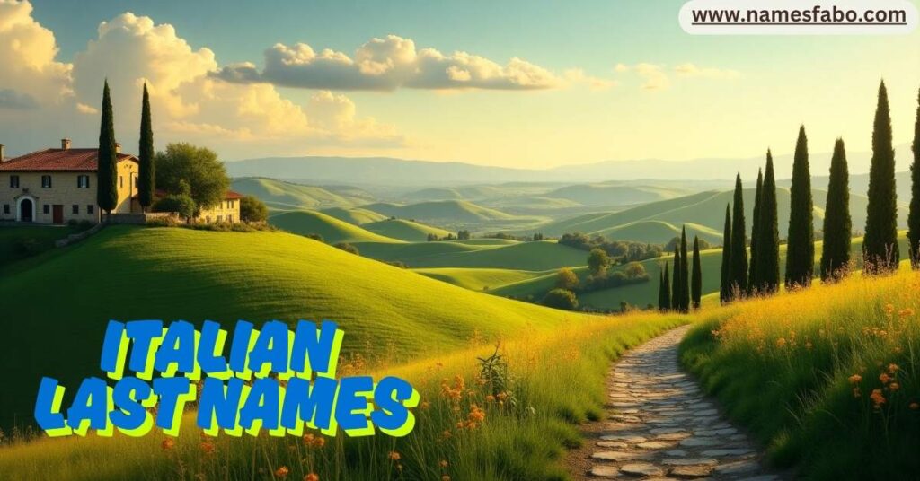 Scenic Italian countryside with rolling hills, olive trees, and rivers evoking the natural beauty behind surnames like Fiore, Bosco, and Mare