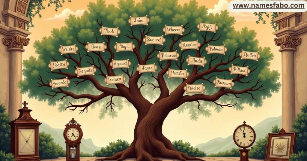 Family tree over a rustic Italian background illustrating the lineage-based origins of Italian patronymic last names such as D’Angelo and DiMaggio