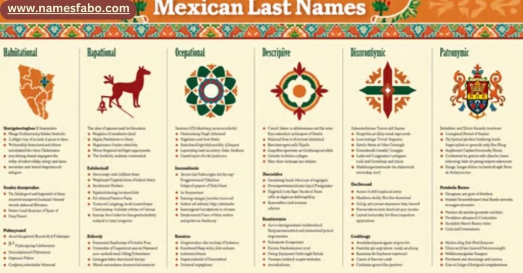Chart categorizing Mexican last names by meanings including geographic, occupational, and patronymic origins