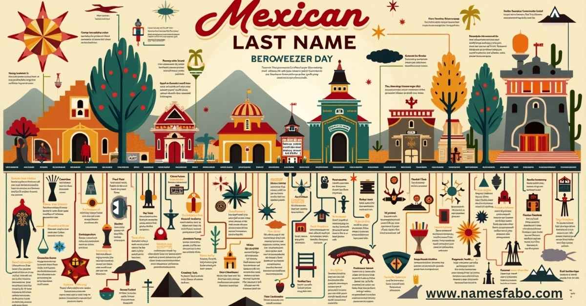 Infographic showing the origins and meanings of traditional and rare Mexican last names in 2025