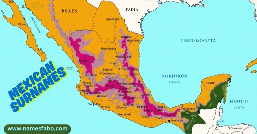 Map of Mexico showing regional surname variations and linguistic roots of Mexican surnames