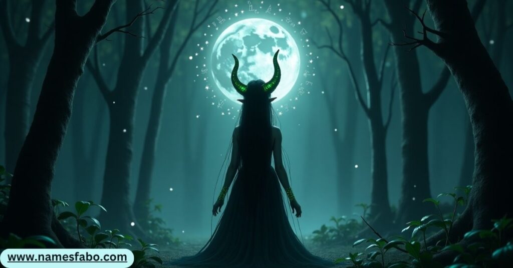 Moon-themed tiefling names in a mystical night scene with celestial runes and fantasy-inspired characters