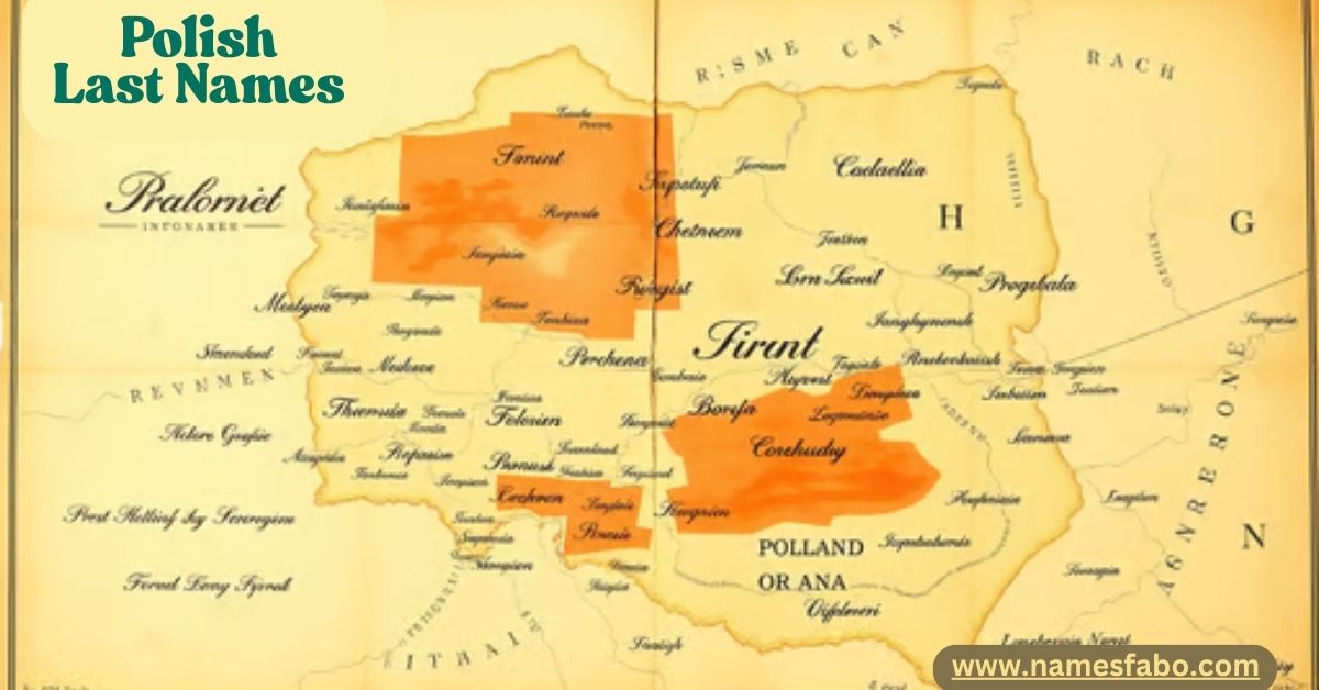 Map of Poland showcasing regions and traditional Polish last names with historical suffixes like -ski and -wicz.