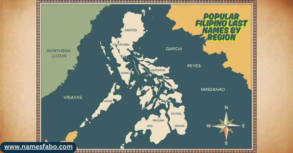 Map showing popular Filipino last names by region across the Philippine archipelago