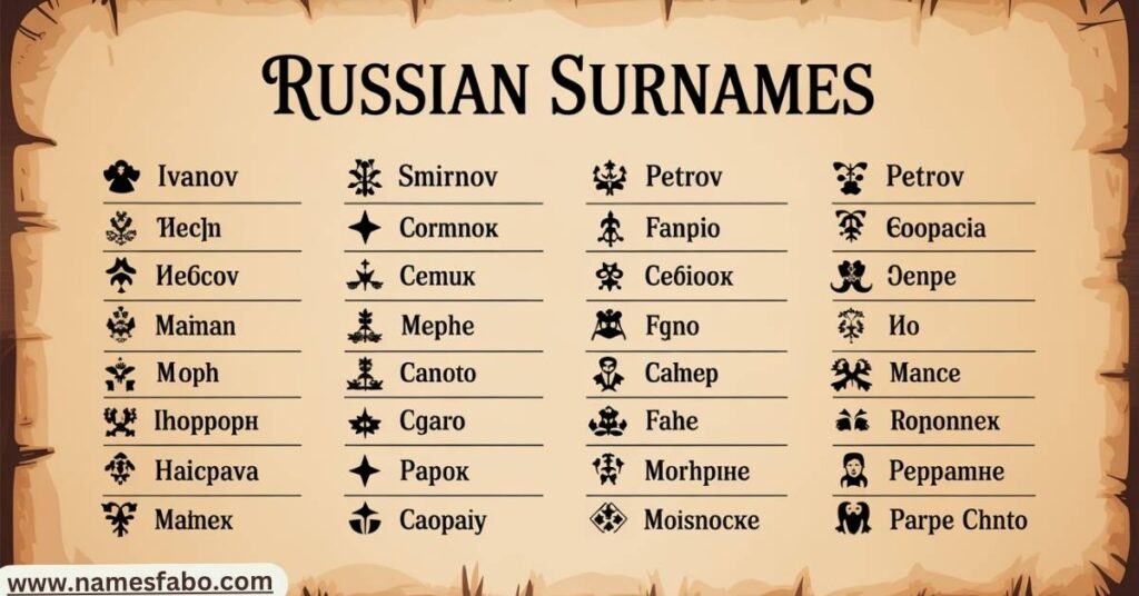 Infographic showing the most popular Russian last names and their meanings in 2025