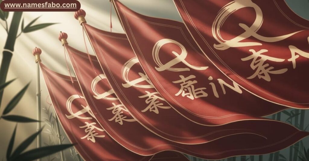 Imperial family crests and banners representing royal Chinese last names from dynasties