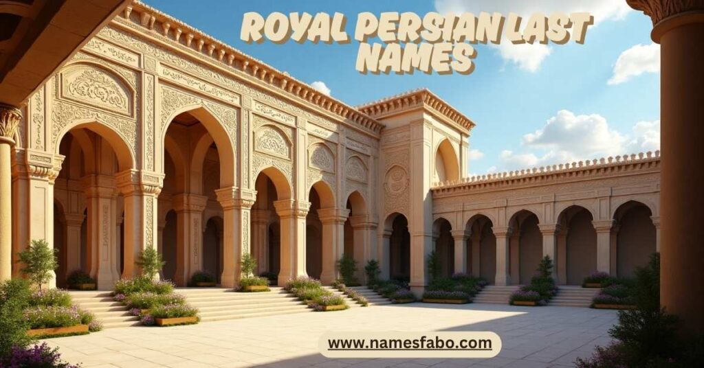 Stone carvings of royal Persian last names from noble bloodlines with ancient Persian palace background