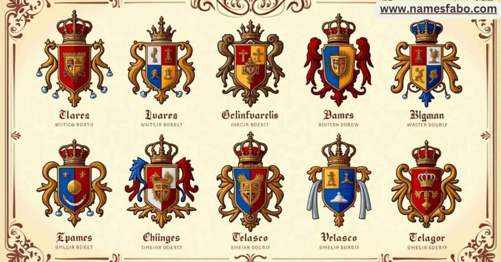 Coat of arms representing noble and royal Spanish last names like Bourbon and Trastámara