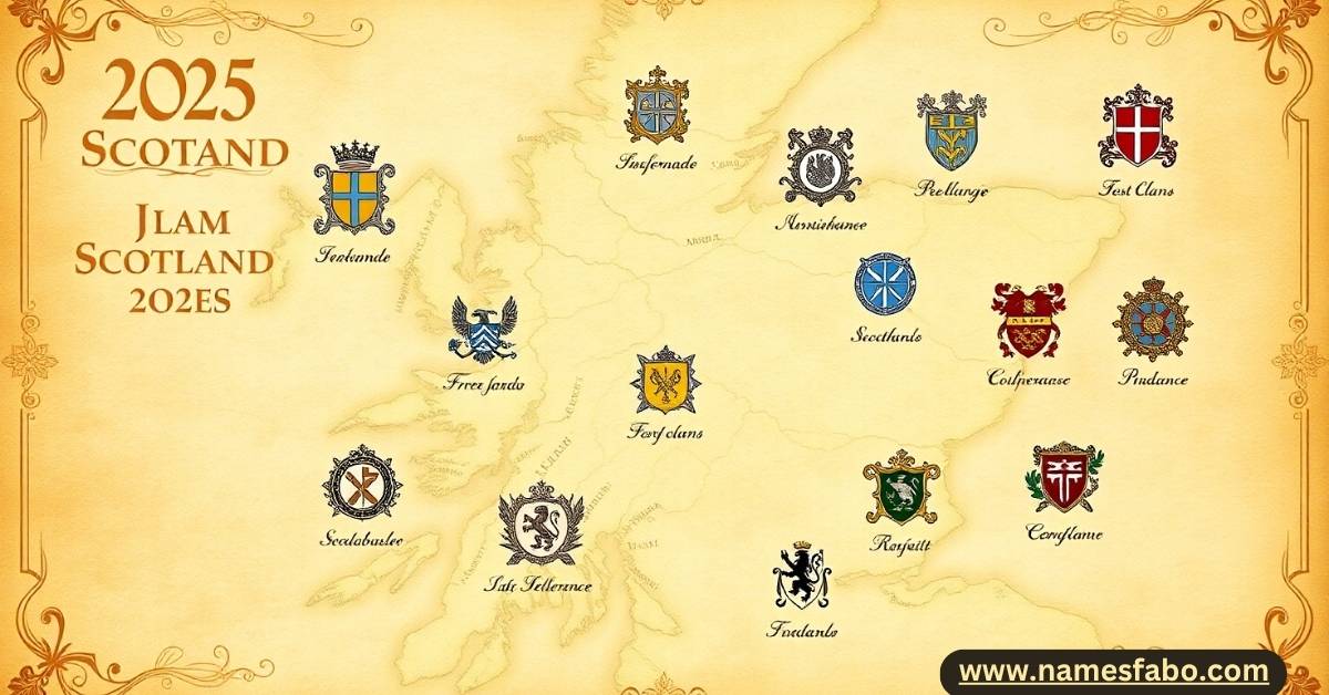 Historic map of Scotland with clan crests showing origins of Scottish last names in 2025