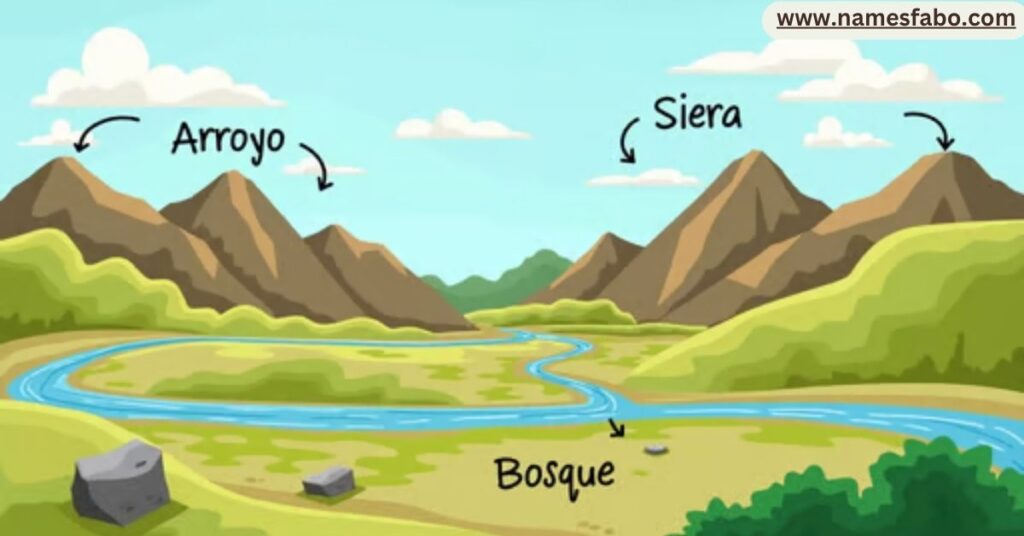 Spanish landscape with surnames like Rivera, Valle, and Peña inspired by nature and geography