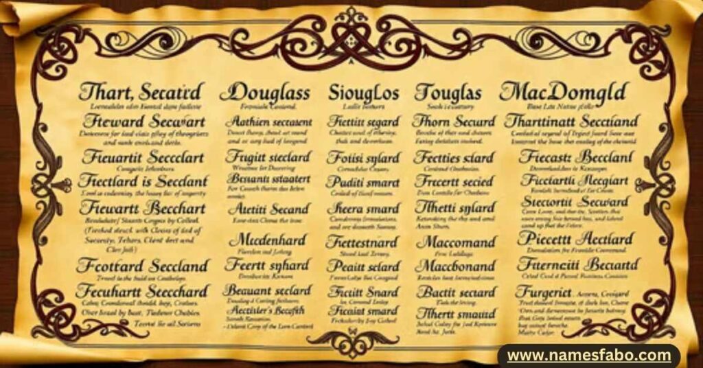 Traditional Scottish last names scroll featuring clan surnames like Stewart and Douglas with historical meanings