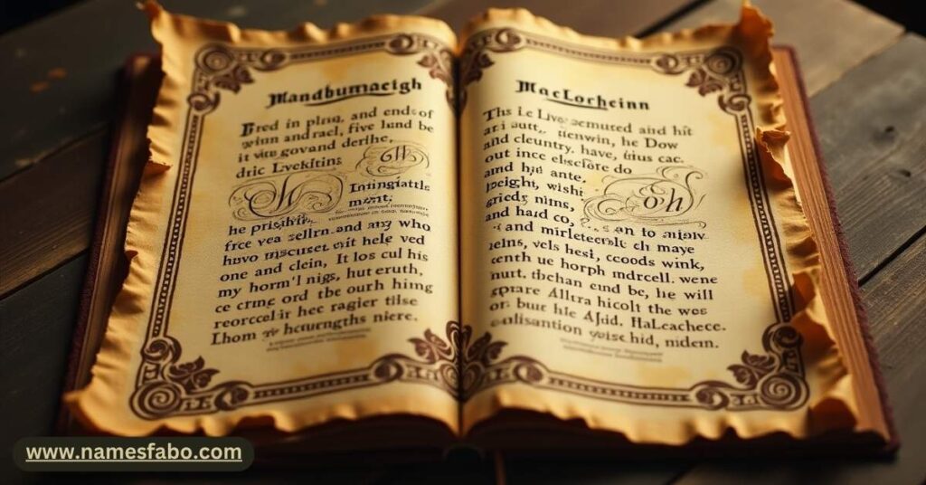 Rare and unique Irish last names written in old Gaelic script from ancient Irish manuscripts